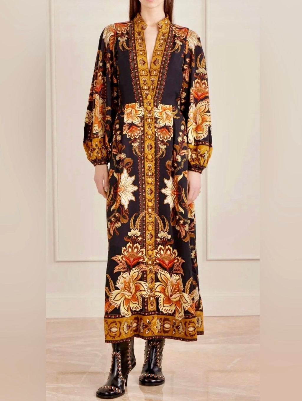Farm Rio Floral Print Puff Sleeve Maxi Dress - Majestic Garden Black editor list/blog fav